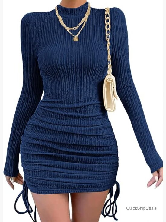 Dresses & Skirts - Long Sleeve Bodycon Ruched Drawstring Cocktail Mini Dress